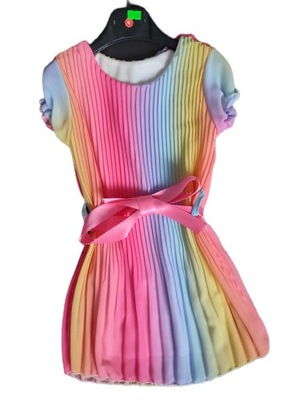 Sukienka PLISOWANA TĘCZOWA dziewczęca z paskiem zjawiskowa kolorowa 98-104