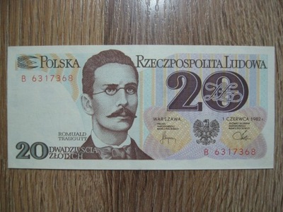 BANKNOT PRL 20 ZŁOTYCH 1982 ROK SERIA B TRAUGUTT