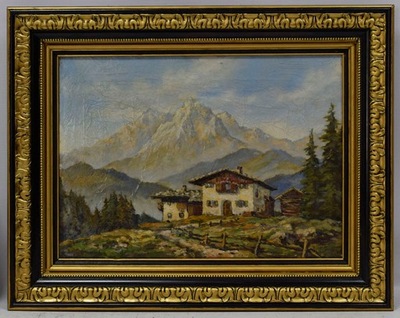 1944 Stary obraz Pejzaż górski z budynkami sygn. Olej 74x59cm