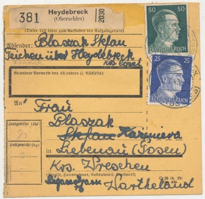 Skart Paketkarte Korzonek Kędzierzyn-K 1942. (743)