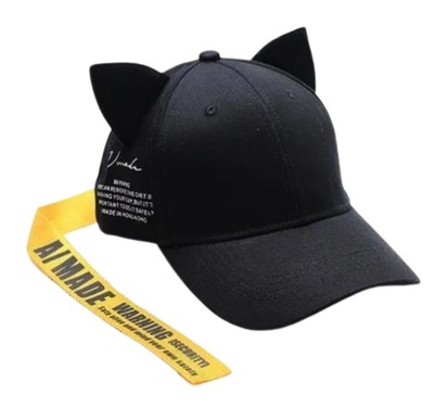 damska czapka z daszkiem kocie uszy napisy czarna m1