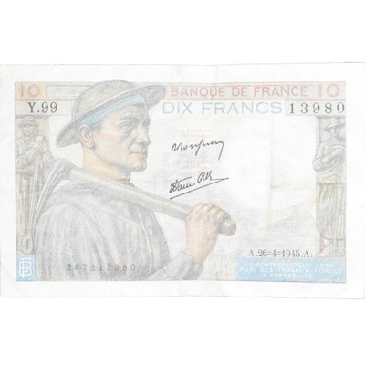 Francja, 10 Francs, Mineur, 1945, Y.99 13980, VF(2
