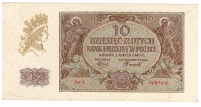 BANKNOT POLSKA 10 ZŁ 1940 STAN 1/1- SERIA j