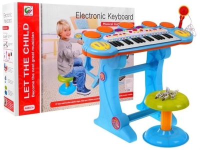 Dla Dzieci Niebieski Zestaw Keyboard Werble Mikrofon Dźwięki 3 oktawy
