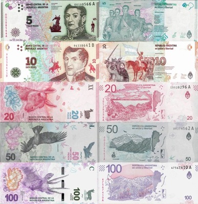 Argentyna zestaw 5 szt 5-100 pesos P.359-363 UNC