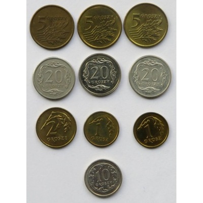 Zestaw 10 monet groszowych 2002-2004 2x1 gr 1x2 gr 3x5 gr 1x10 gr 3x20 gr