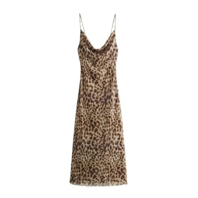 TRAF Leopard Print Long Dress Women Tulle Backless