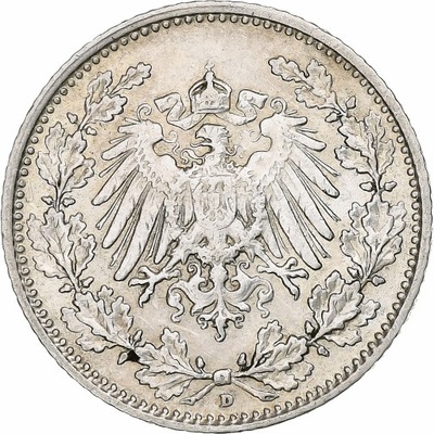 NIEMCY - IMPERIUM, 1/2 Mark, 1907, Munich, Srebro,