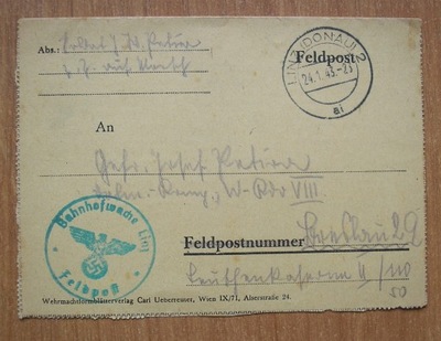 Niemiecka feldpost cenzura Straż Dworcowa Linz 1943
