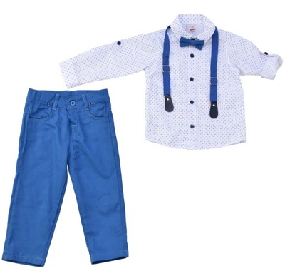 Zestaw dla chłopca koszula spodnie szelki mucha - niebieski 5 lata