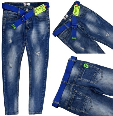F26 Wygodne Jeans SPODNIE Elastyczne Gniecione Pasek DENIM - 30 - 170