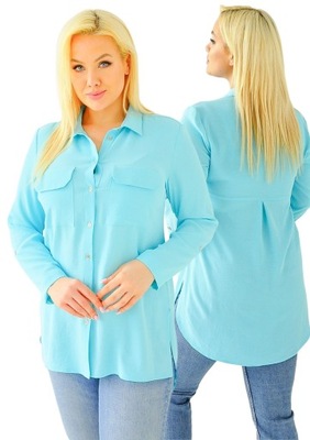 Błękitna długa koszula z kieszonkami na biuście SANDRA rozmiar 58
