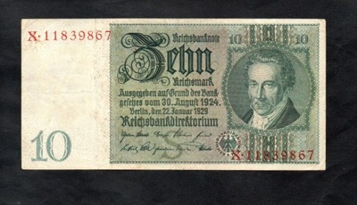 BANKNOT NIEMCY - 10 reichsmark 1924 / 1929 rok, seria X