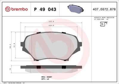 BREMBO P 49 043 КОМПЛЕКТ КОЛОДОК ТОРМОЗНЫХ, ТОРМОЗА TARCZOWE