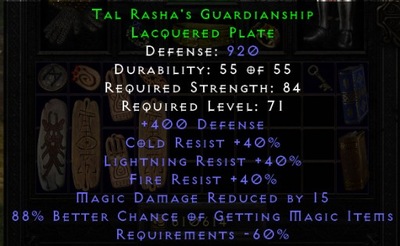 Diablo 2 Resurrected Tal Rasha Armor NON LADDER