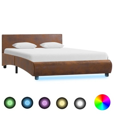 Rama łóżka z LED, brązowa, tapicerowana tkaniną, 1
