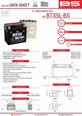 BS АККУМУЛЯТОР BTX5L-BS (YTX5L-BS) 12V 4AH 114X71X106 BEZOBSŁUGOWY - ELEKTRO