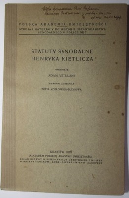 Statuty synodalne Henryka Kietlicza, AUTOGRAF Adam Vetulani, 1938 r.