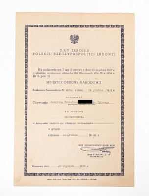 STARY DOKUMENT, MIANOWANIE NA PODPORUCZNIKA KORPUS OFICERÓW UZBROJENIA 1959