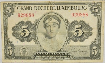 8.Luxemburg, 5 Franków 1944, P.43.b, St.3+