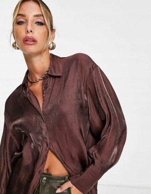 Asos Design ryc oversize połysk koszula brązowa kołnierz L