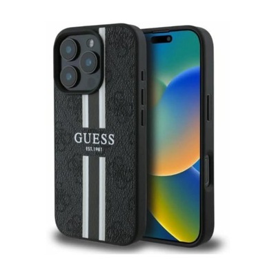 Guess 4G Printed Stripes Czarny MagSafe - Etui do iPhone'a 16 Pro