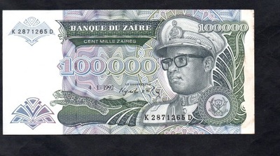 BANKNOT ZAIR -- 100000 ZAIRES -- 1992 rok