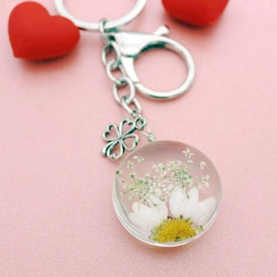 floral keychain Women Real Dried Flower Oval Resin Keychain Sweet Rose 