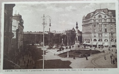 POCZTÓWKA LWÓW PLAC MARJACKI Z POMNIKIEM MICKIEWICZA