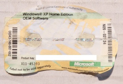 Naklejka Windows XP Home Edition OEM klucz