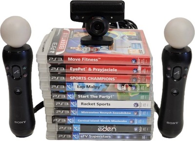 2x KONTROLER RUCHU PLAYSTATION MOVE + KAMERA + ZESTAW 10 GIER PS3