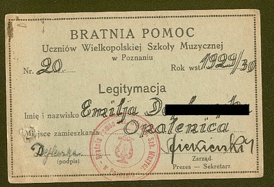 Szkoła Muzyczna Poznań- Legitymacja- Bratnia Pomoc