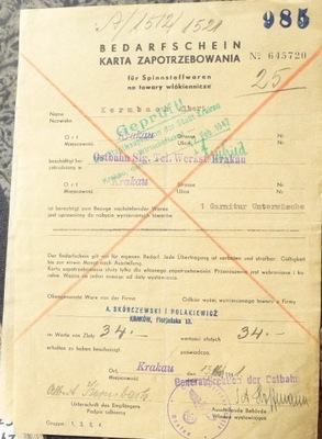 KARTA ZAPOTRZEBOWANIA NA TOWARY WŁÓKIENNICZE 1942 KRAKÓW