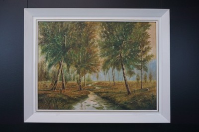 Stary obraz pejzaż las rzeka E. Ksybek nr1