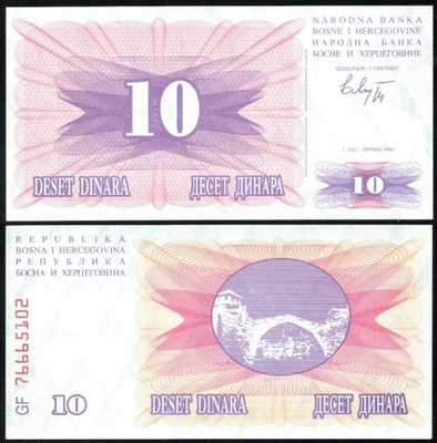 $ Bośnia i Hercegowina 10 DINARA P-10 UNC 1992