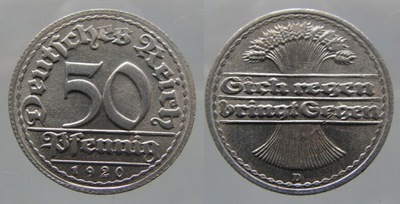 B243. NIEMCY, 50 PFENNIG, 1920 D MENNICZA