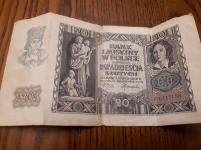20 zł banknot polski seria F z 1940 r.