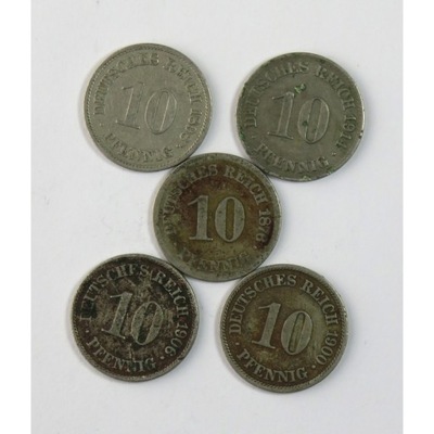 Lot: Niemcy 5 x 10 fenigów: 1876, 1898, 1900, 1906, 1914