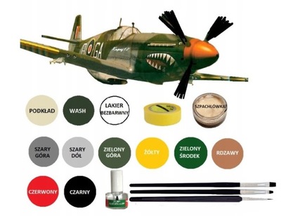 MODEL SAMOLOTU P-51 MUSTANG ZESTAW: PODKŁAD, FARBY, KLIEJ+PĘDZELKI