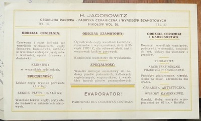 MIKOŁÓW – REKLAMA CEGIELNI PAROWEJ H. JACOBOWITZA - 1931