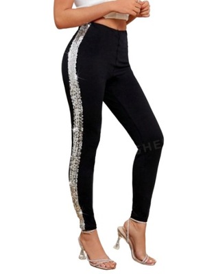 SHEIN LEGGINSY DAMSKIE CZARNE Z CEKINAMI 40/42 ŁJA