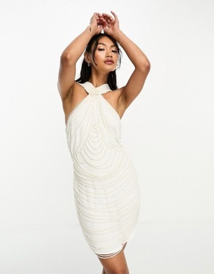 LUX Biała zdobiona sukienka mini z dekoltem halter z perełek S