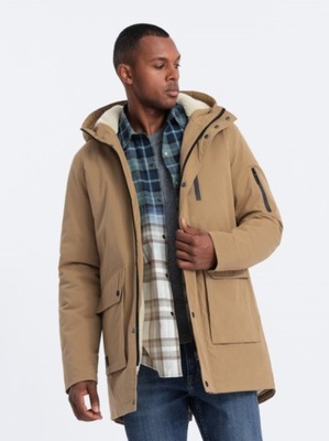 Kurtka męska parka ocieplana sherpa OM-JALJ-0131 beige L defekt