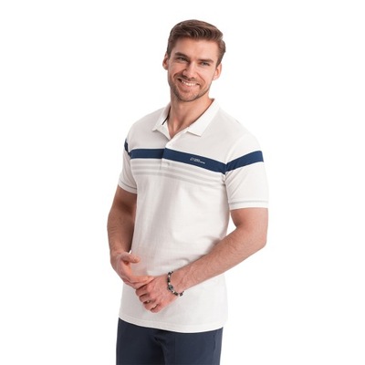 Koszulka męska polo z trójkolorowymi pasami biała V4 OM-POSS-0127 L