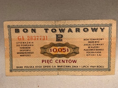 BON TOWAROWY 5 CENTÓW PKO 1969 PEWEX