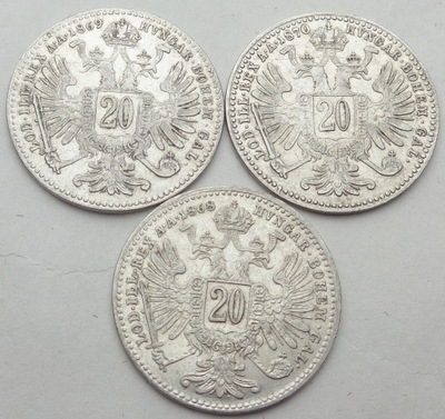 AUSTRIA - zestaw : 3 x 20 Krajcarów / kreuzer : 1868 + 1869 + 1870 / srebro