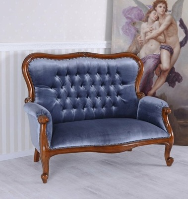Sofa 2 Osobowa Niebieska Mahoń w Stylu Barokowym !