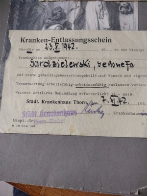 Zwolnienie lekarskie szpital Toruń Mokre 1942 r