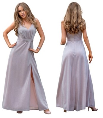Maxi brokatowa sukienka wieczorowa srebrna B&B Studio 36