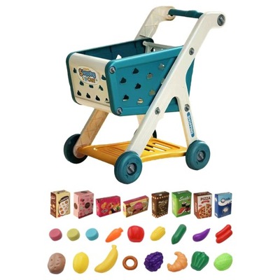 Zestaw wózków dziecięcych na zakupy z jedzeniem do udawania i akcesoriami Mini Blue
